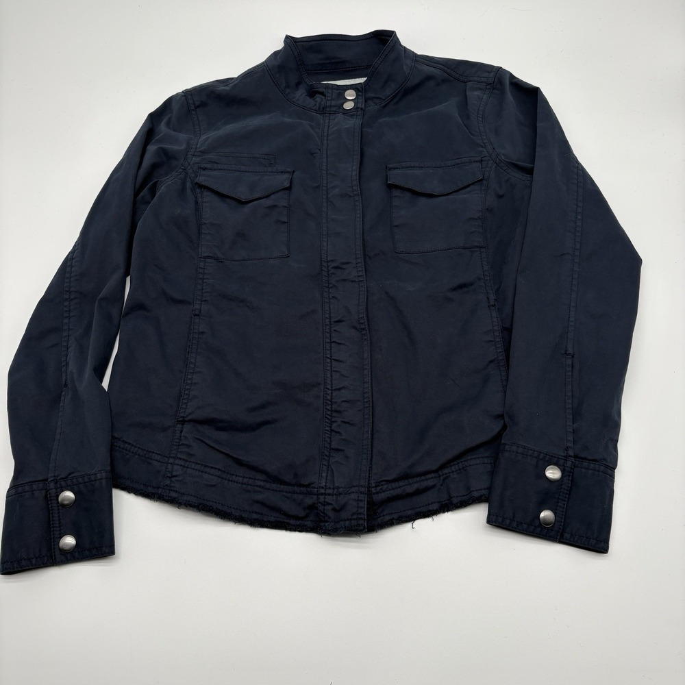 Hinge Seattle Womens Jacket Navy Blue Size S Raw Hem Lightweight Snap Collar